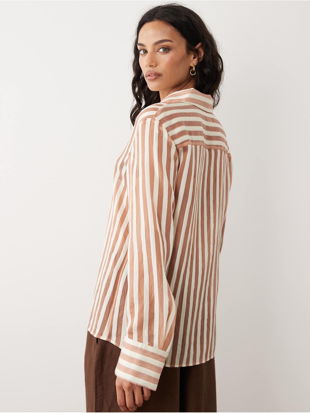 Zara Sheer Striped Button Up Blouse Medium Blush Cream Relaxed M - Picture 9 of 11